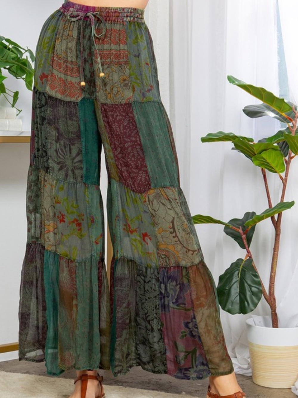 "The Kendra" Basil Retro Revival Long Flared Patchwork Pants - Picture 2 of 5